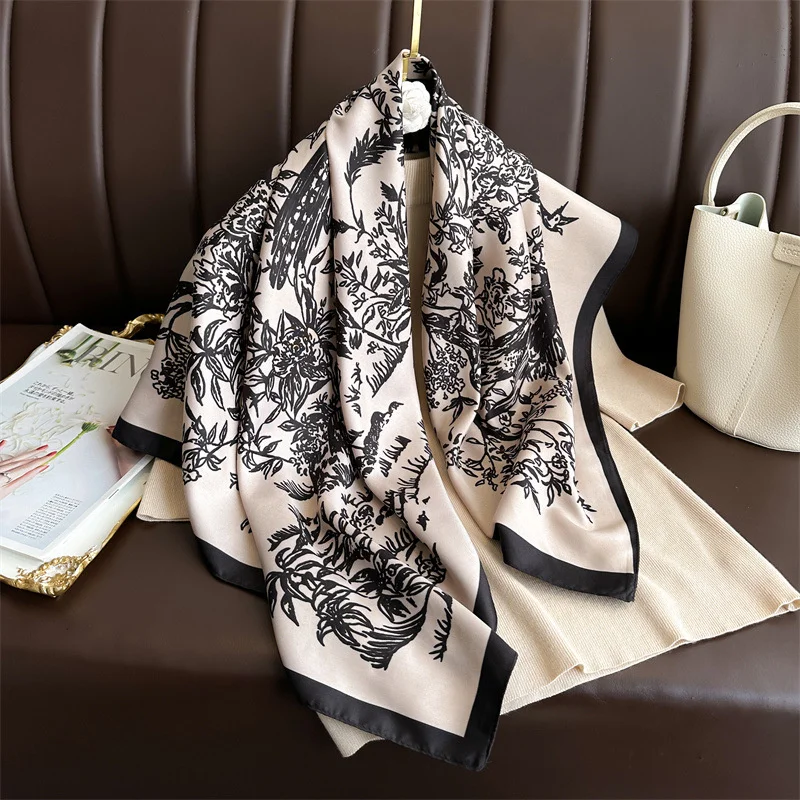 Color: Beige, Size: One Size, Ships From: CHINA - Ink Painting Silk Scarf 90cm Twill Scarves Large Square Sunscreen Shawl Headscarf for Women Hijab Luxury Bufanda Foulard