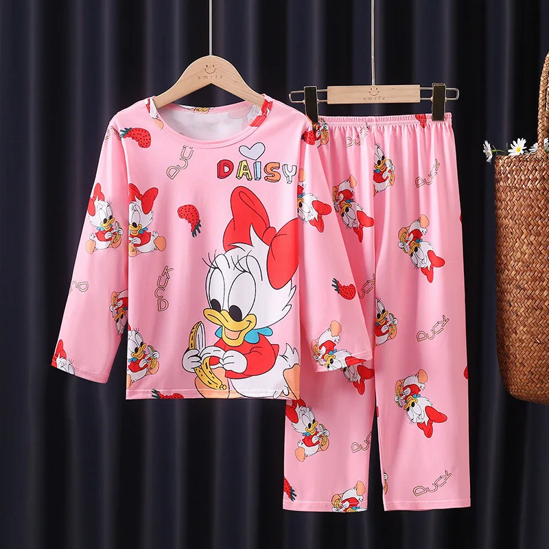 Color: black, Kid Size: 8T - 2pcs/set New Children Pyjamas Minnie Elsa Duck Cartoon Girls Sets Kid Home Wear boys and girls Travel Casual Sleepwear Suit