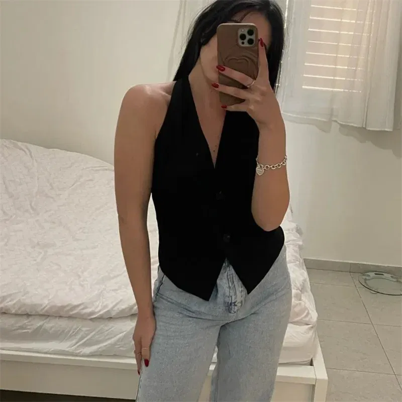 Color: GRAY, Size: XS - MUJER Off Shoulder Sleeveless Vest Women Black White Cropped Vest Woman Fashion Backless V Neck Short Coats Summer Waistcoat