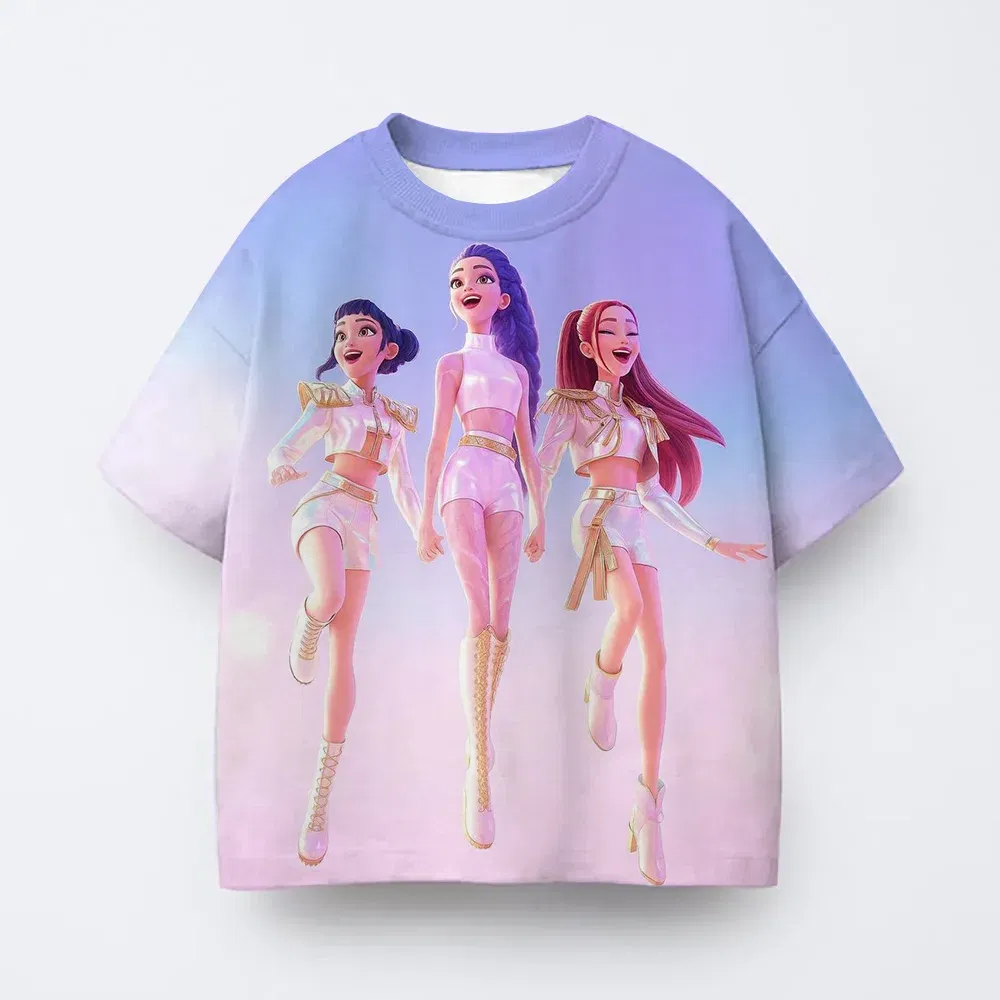 Color: black, Kid Size: 4T - T-shirt anime Kpop witch hunting group 3D printing children's T-shirt fashion casual cartoon T-shirt girls' children's clothing