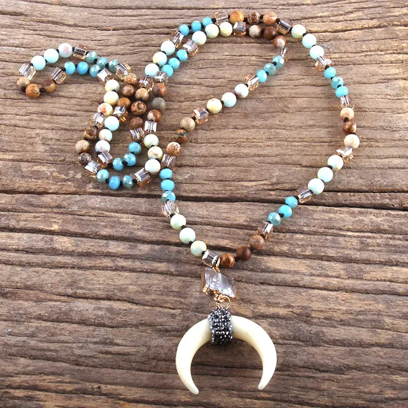Metal Color: Antique Silver Plated, Length: 45cm, Ships From: CHINA - Fashion Bohemian Jewelry Natural Stones Crystal Glass Knotted Ox Horn Moon Pendant Necklace Women Boho Necklaces Girls