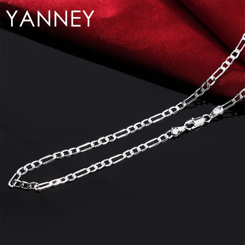 Gem Color: Green, Length: 90cm - 925 Sterling Silver 4MM 16-30 Inches Figaro Chain Bracelet Necklace For Man Woman Fashion Couple Christmas Gift Jewelry Set 2pcs