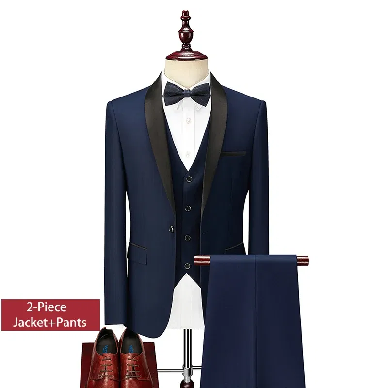 Color: Navy Blue, Size: XXL - Shenrun Men Tuxedo Slim Fit Fashion Suit Wedding Shawl Lapel 3 Pieces Skinny Single Breasted Jacket Party Prom Singer Costume