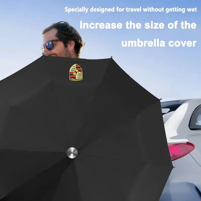 Color Name: GRAY - High-end Car Emblems Folding Sunshade Windproof Umbrella For Porsche Boxster Cayman Cayenne 911 Macan Panamera Auto Accessories
