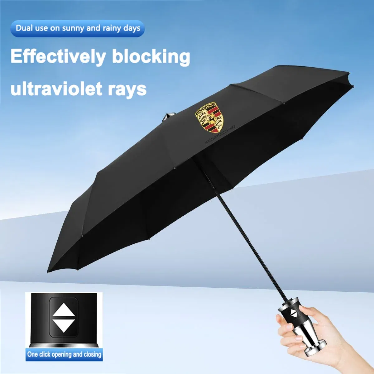 Color Name: GRAY - High-end Car Emblems Folding Sunshade Windproof Umbrella For Porsche Boxster Cayman Cayenne 911 Macan Panamera Auto Accessories