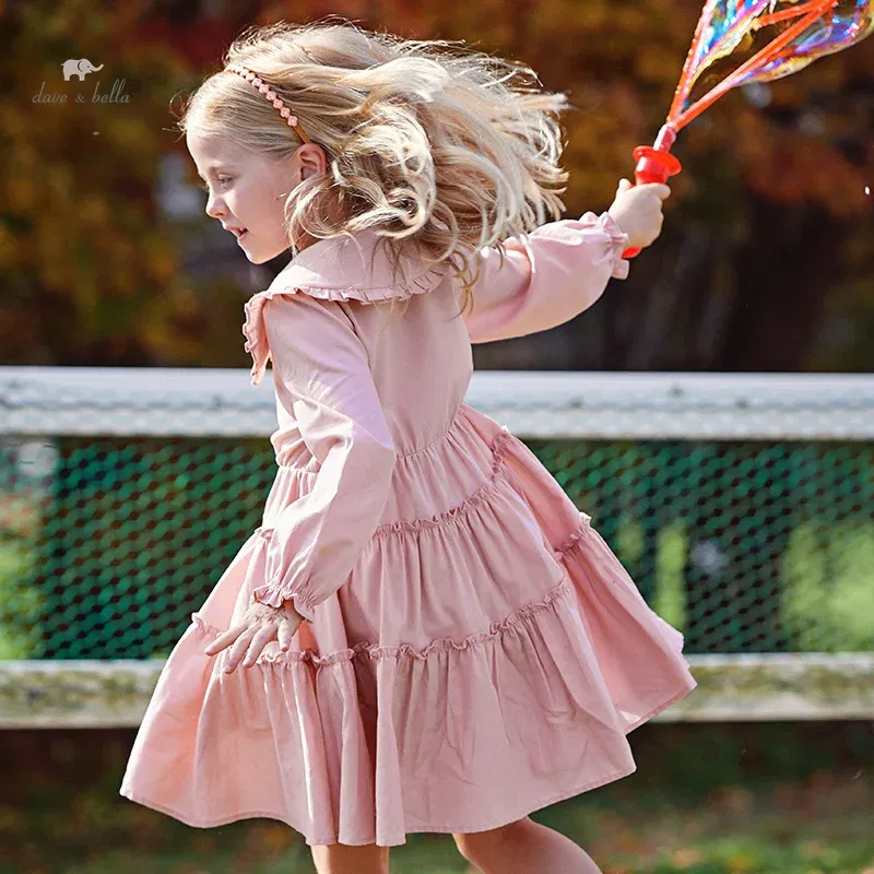 Color: Pink, Kid Size: 8T - Dave Bella Girl's Princess Dress Children 2024 New Spring Comfortable Casual Fashion Pure Cotton Sweet Gentle Pink DK1248025