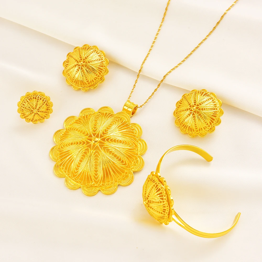 24K Gold Plated Fashion Ethiopian Earrings/Big Pendant/Ring/Bangle Jewelry Sets Gold Plate Africa Bride Wedding Eritrea Set Gift