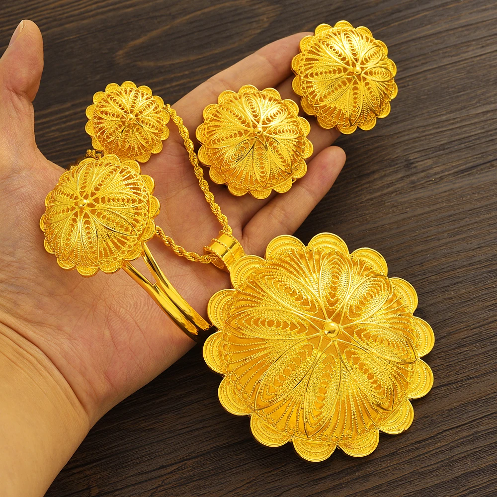 24K Gold Plated Fashion Ethiopian Earrings/Big Pendant/Ring/Bangle Jewelry Sets Gold Plate Africa Bride Wedding Eritrea Set Gift