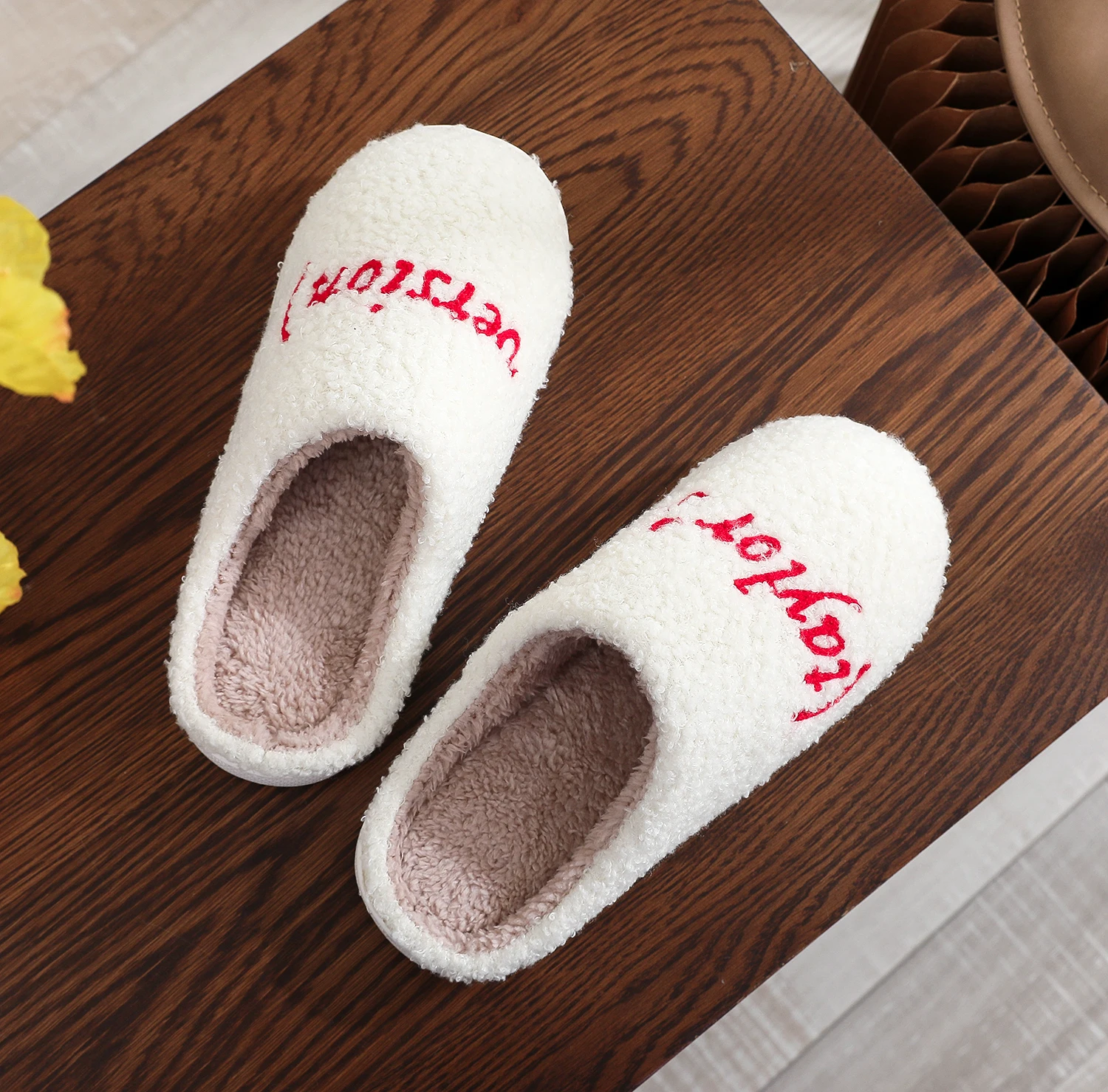 Color: WHITE, Shoe Size: 38 - Winter home home tapors version pattern cotton slippers non-slip thick-soled wool cotton slippers
