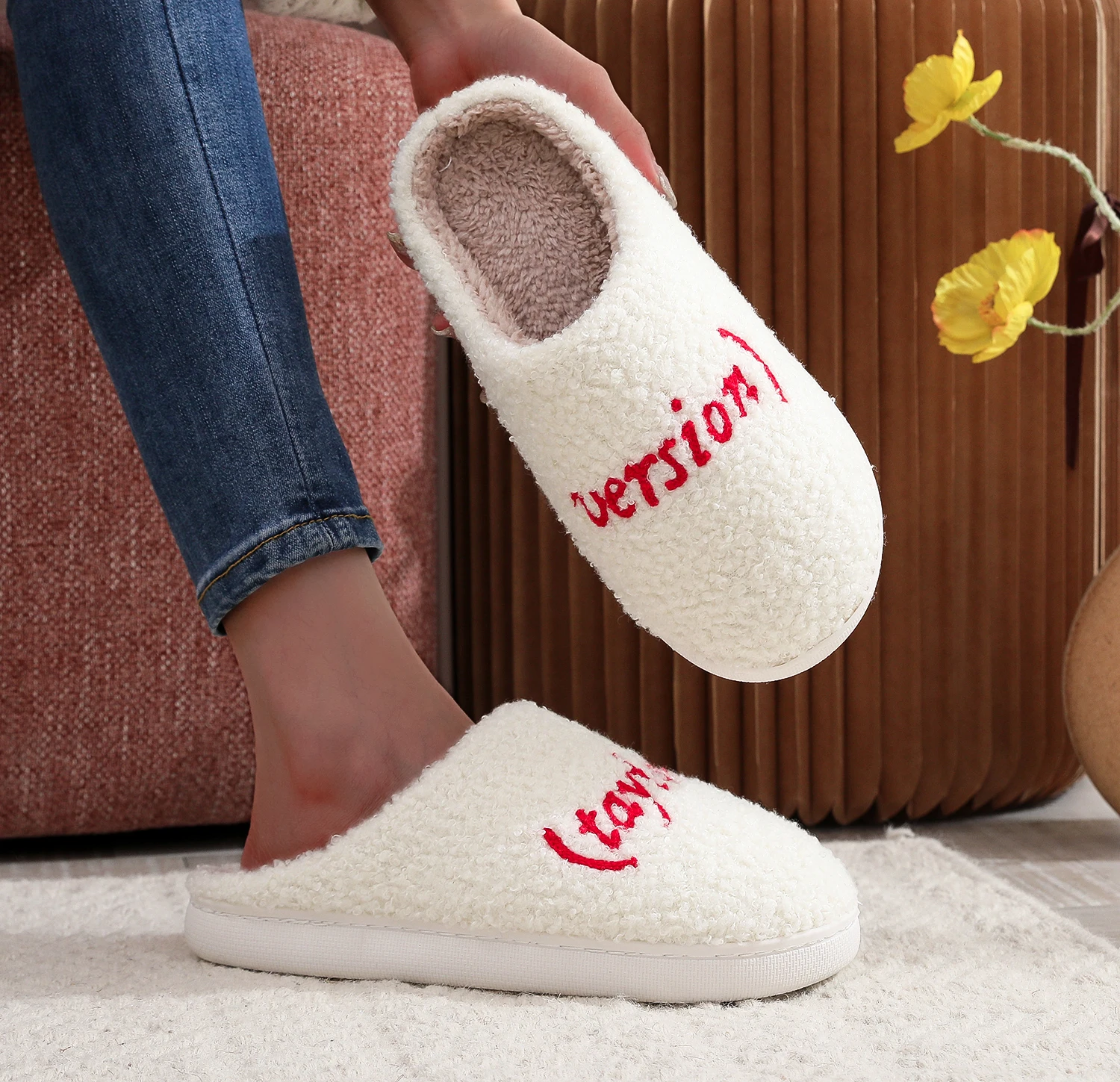 Color: WHITE, Shoe Size: 38 - Winter home home tapors version pattern cotton slippers non-slip thick-soled wool cotton slippers