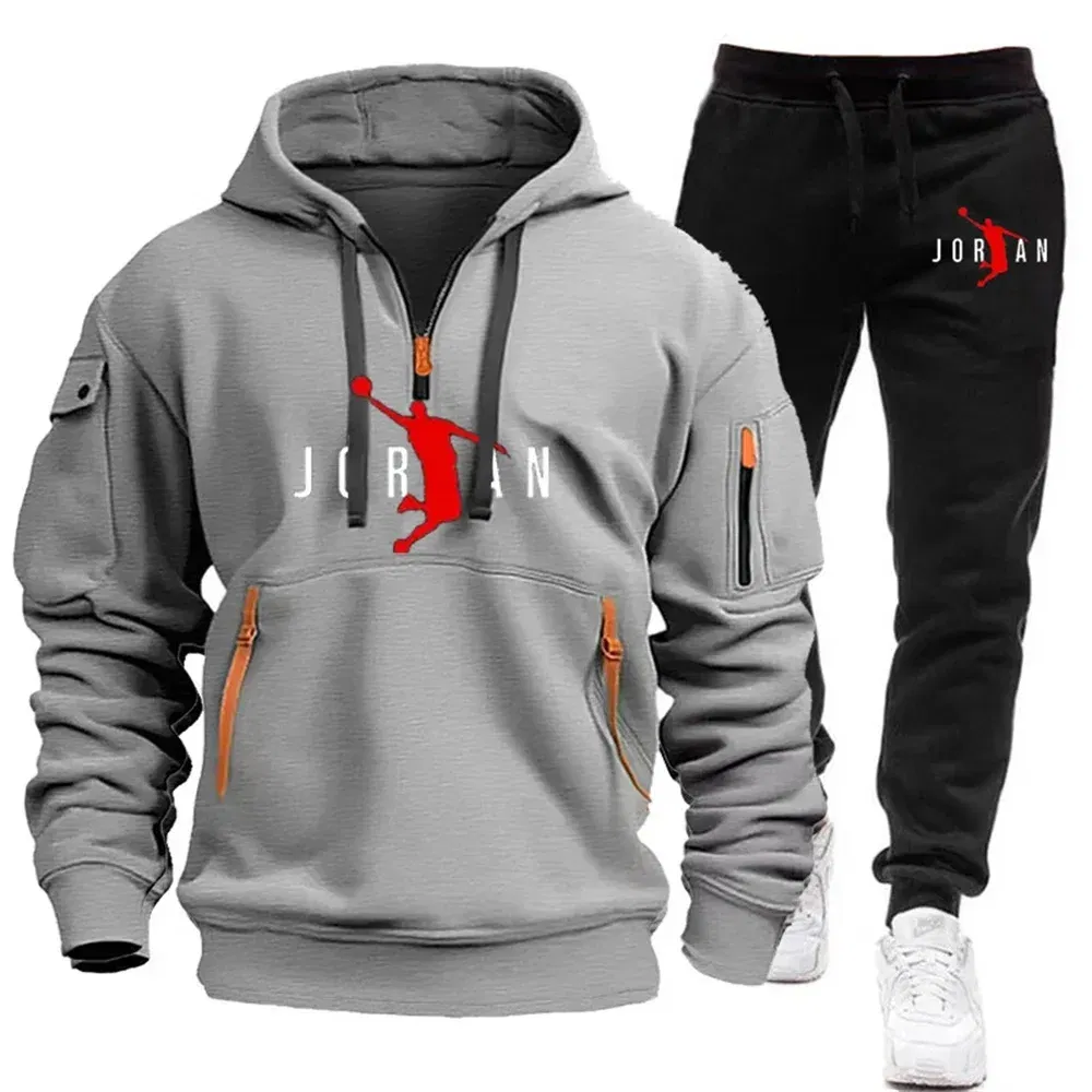 Color: Beige, Size: S - 2025 new men's zipper multi-pocket hoodie loose casual sweater suit spring and autumn European size new fashion print