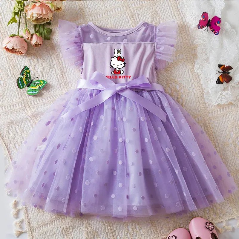 Color: Beige, Size: XS - Hello Kitty 2-6Y Baby Girl Dress Princess Mesh Skirt Summer Sleeveless Wedding Party Dresses for Girls Summer