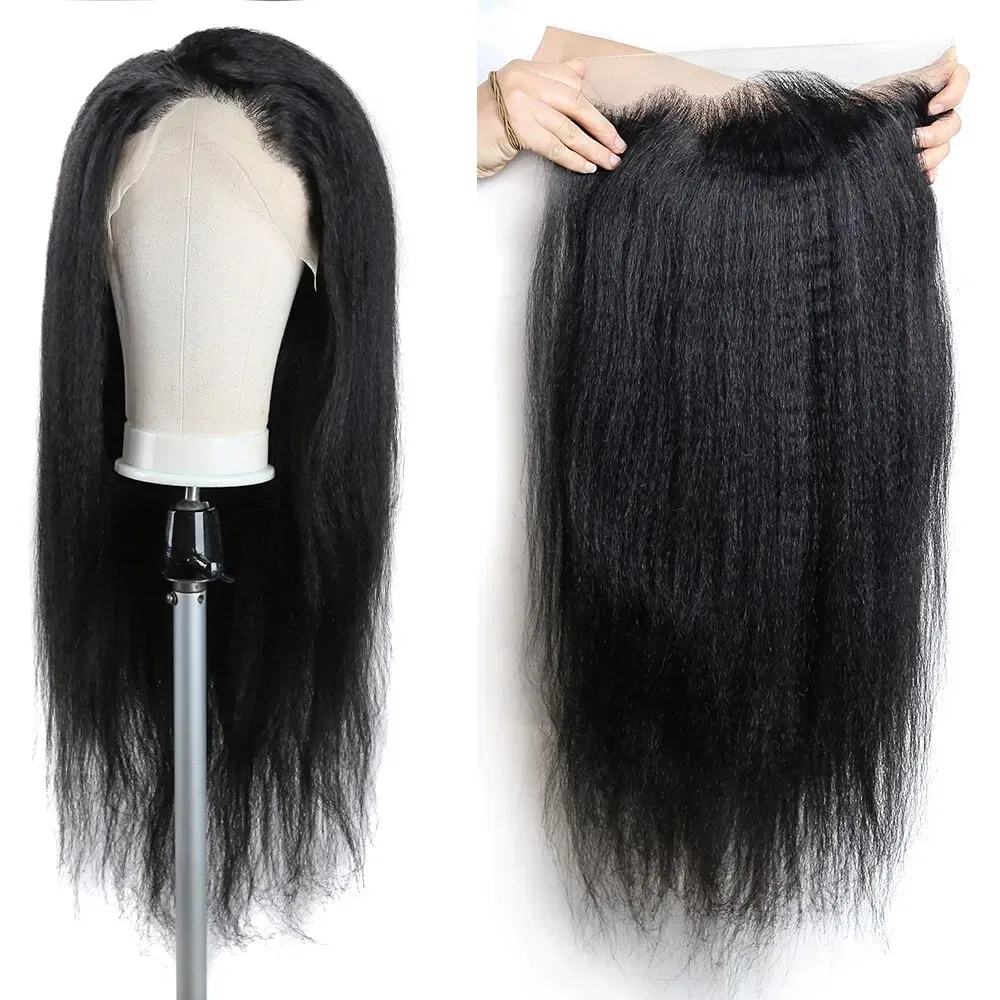 Color: Natural Color, Stretched Length: 24inches - Kinky Straight 13x4 Transparent Lace Front Wigs Human Hair 180% Density Pre Plucked Yaki Straight Human Hair Natural Color