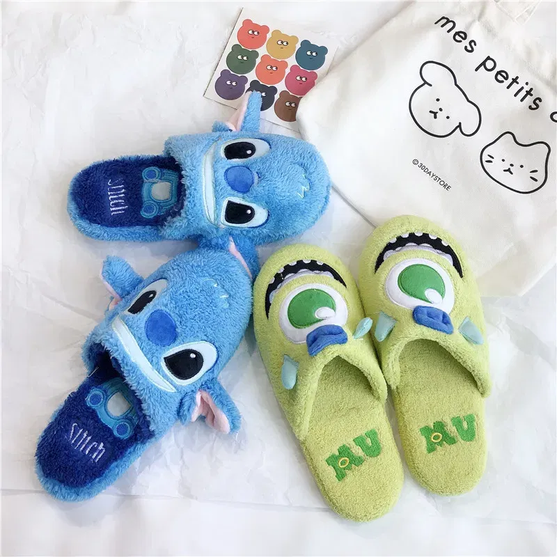 Color: Olivine, Shoe Size: 38 - Cartoon Sulley Mike Slippers Cute Girl Warm Home Slippers Women Indoor Slippers Blue Duck Kawaii Non-slip Slippers Gifts EU36-41