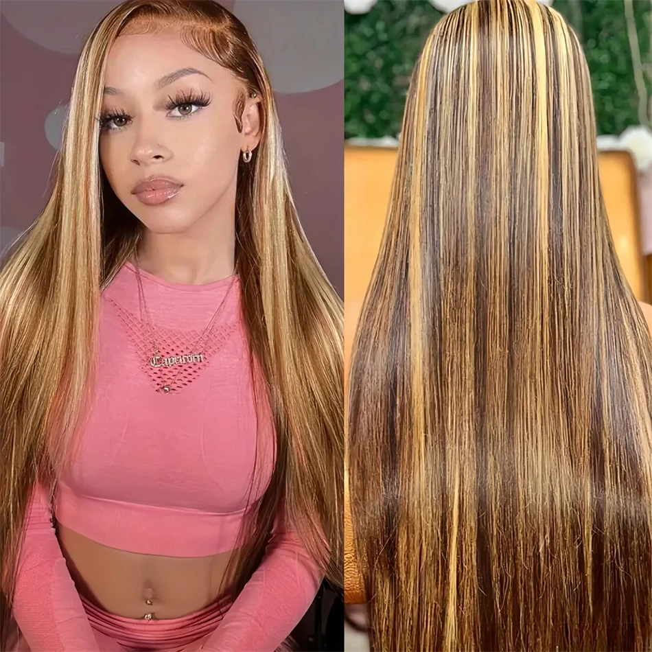 Highlight Straight 13x6 Hd Transparent Lace Frontal Wigs Human Hair 13x4 Hd Lace Front P4/27 Colored Preplucked Wig for Women