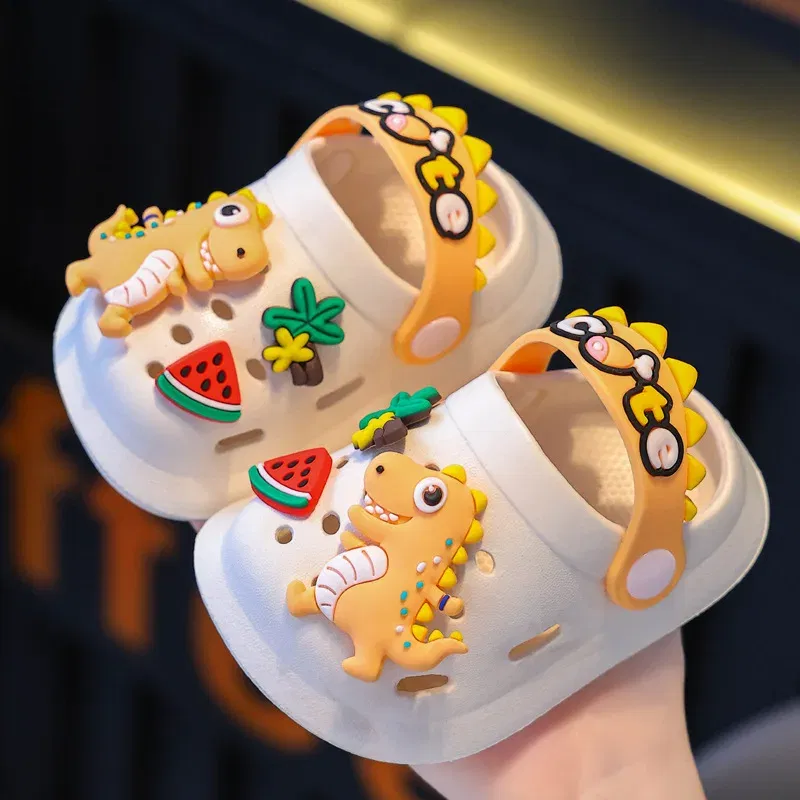 Color: black, Shoe Size: 1.5 - Summer Childrens Slippers Hole Kids Sandals Soft Anti-Skid Cartoon Dinosaur DIY Design Indoor Anti-Slip Boys Girls Beach Shoes