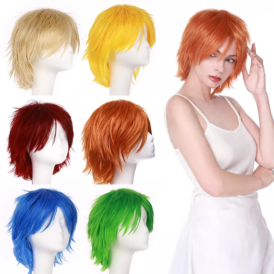 Color: Natural Color, Ships From: CHINA, Stretched Length: 8inches - S-noilite Synthetic Short Wig Blue Brown Black Women Men Cosplay Costume Party Head Wigs Hair