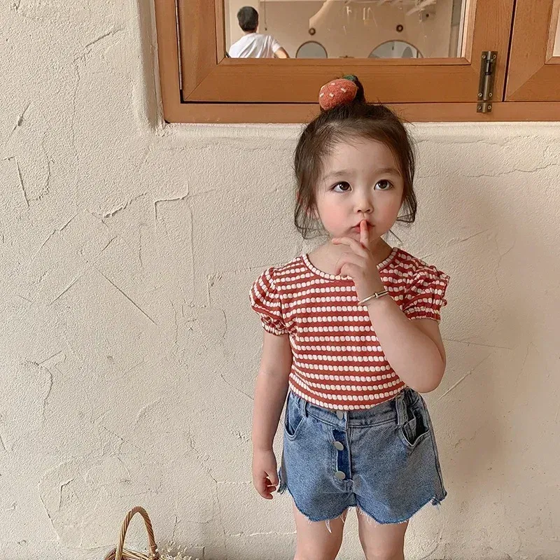 Color: Beige, Kid Size: 3T - 2024 Summer Baby Girls T-shirts Kids Girl Striped Puff Short-sleeve Tops Fashion Bowknot Backless Children Clothing Toddler Tees