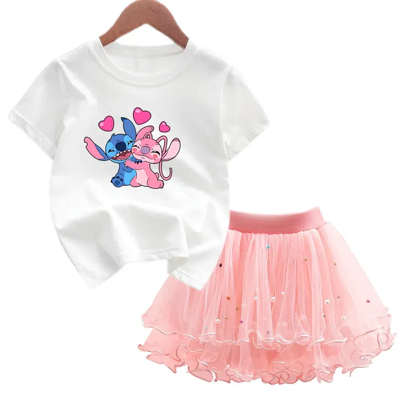 Color: Blue, Kid Size: 4 - 2pcs Lilo Stitch Summer Girls Outfits Cartoon T-shirt and Tutu Skirt Princess Clothes Suit Children Birthday Clothing Sets