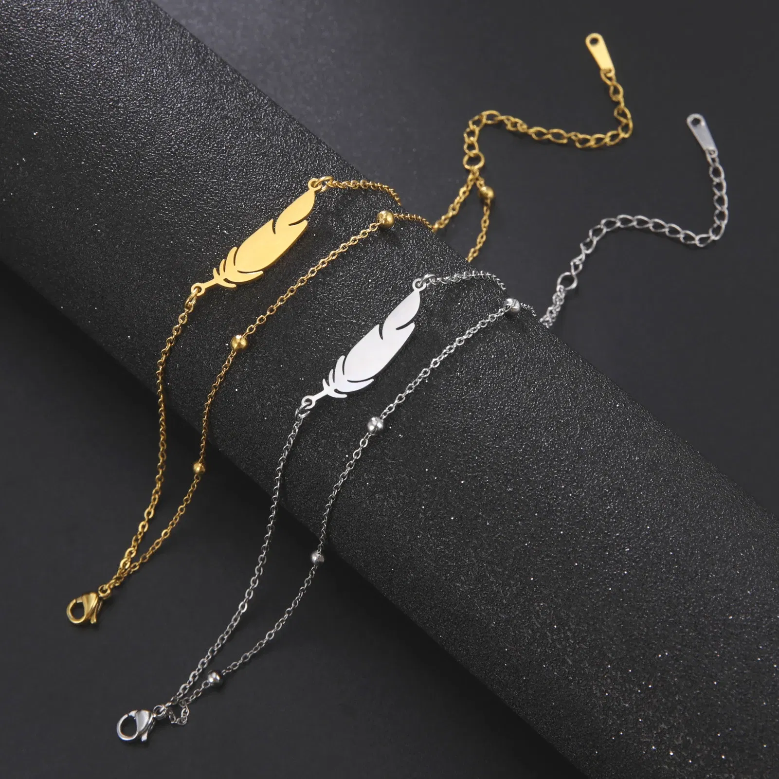 Metal Color: Blue - Kkjoy Ankles of Women Men Silver Color Feather Stainless Steel Double Foot Chain Beach Style Trendy Female Jewelry Accessories