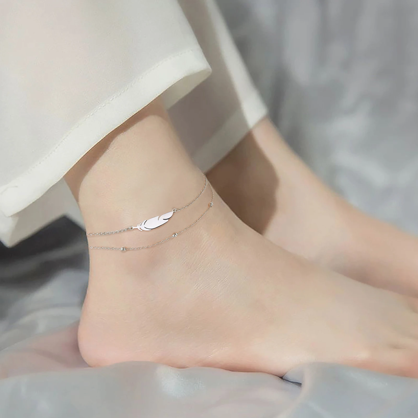 Metal Color: Blue - Kkjoy Ankles of Women Men Silver Color Feather Stainless Steel Double Foot Chain Beach Style Trendy Female Jewelry Accessories