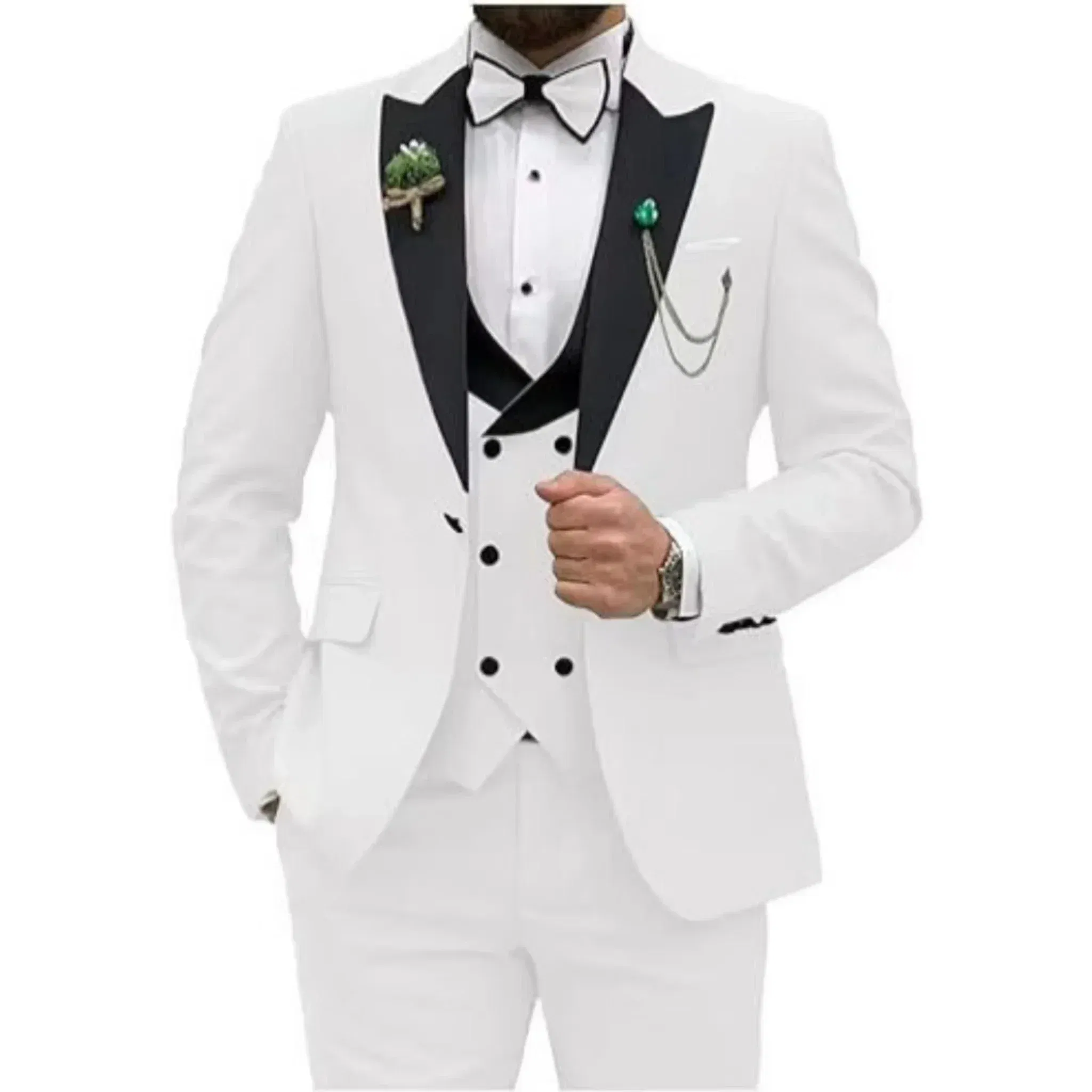 Color: WHITE, Size: 5XL - Men Suit Colorful Luxury Blazer Vest And Pant Sets 3 Piece Birthday Dress Business Prom Evening Party Costumes High Quality