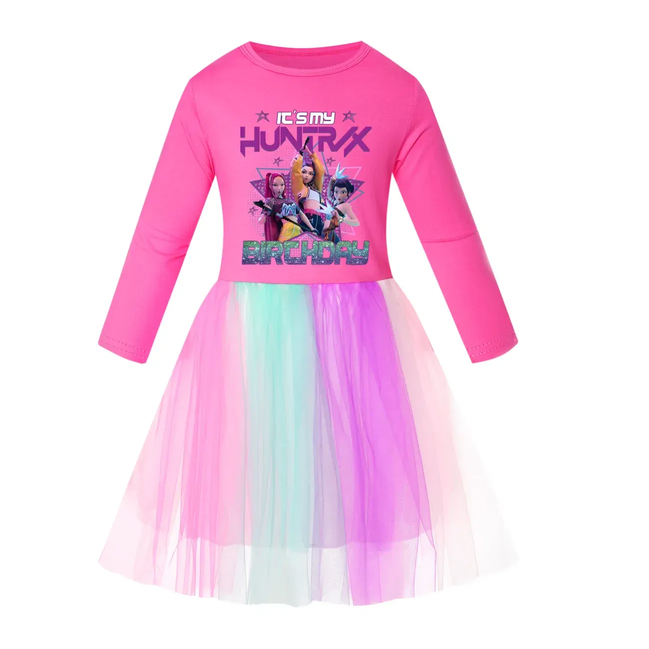 Color: Pink, Kid Size: 4 - KPop Demon Hunters Kids Clothes Long Slevess Dresses Cotton Rainbow Full Dress Teen Fashion Girl's Clothing Party Clothes 5001