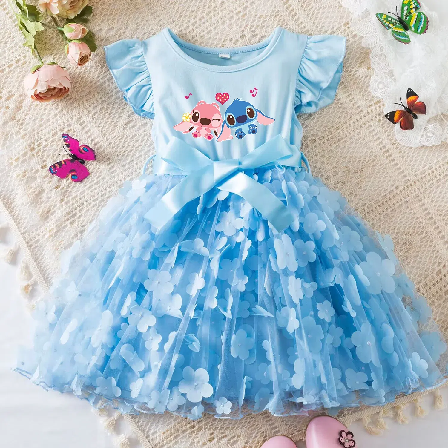Color: Silver, Size: XS - 3D Butterfly Cute Lilo Stitch Summer Dress for Kid's Casual Clothes Baby Girls Beautiful Princess Dress Party Dresses 2-6 Yrs