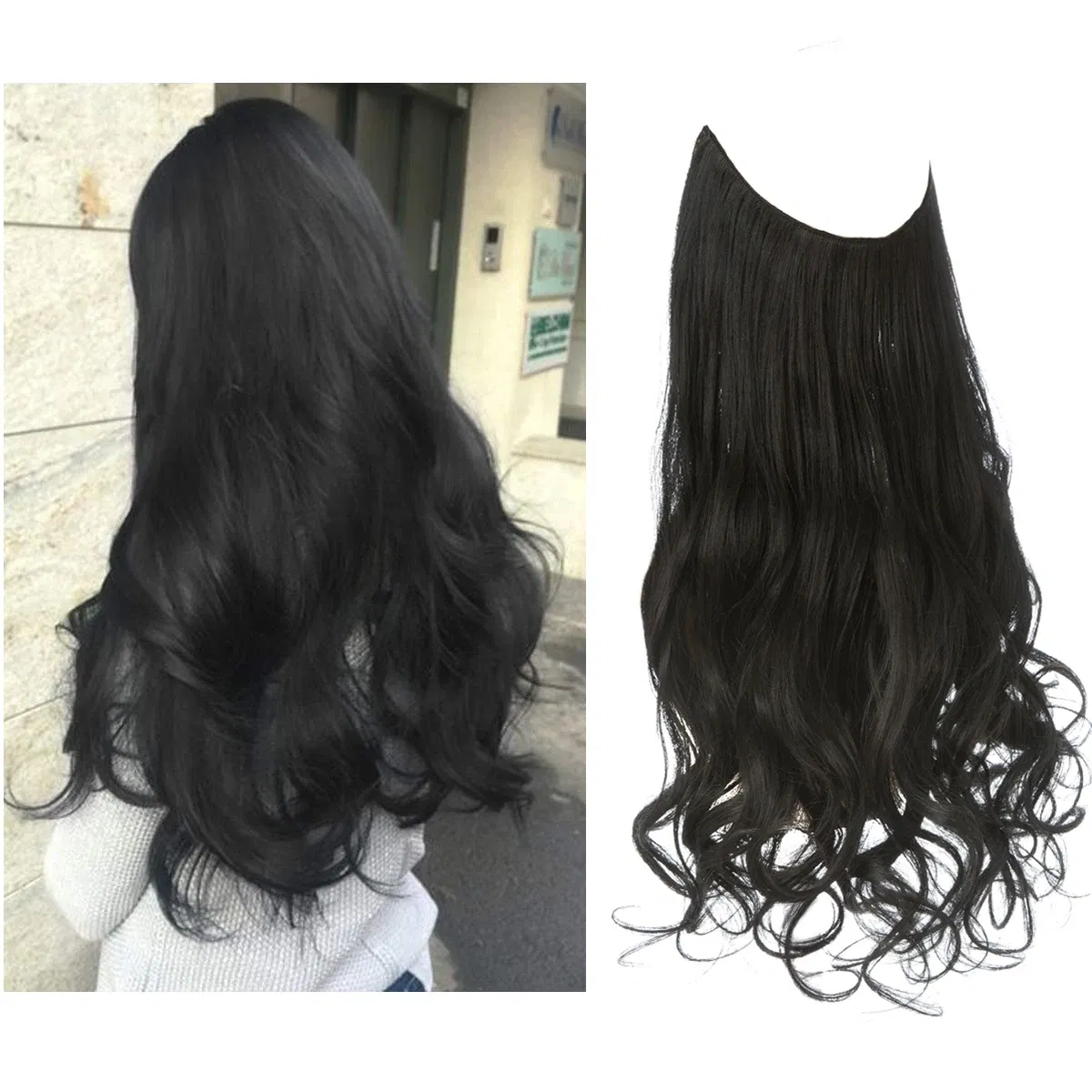 Color: Natural Color, Stretched Length: 14inches - Synthetic No Clip Wave Hair Extensions Ombre Natural Black Blonde Pink One Piece False Hairpiece Fish Line Fake Hair Piece