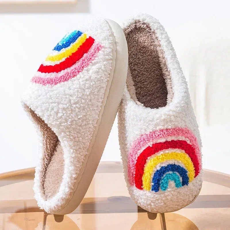 Color: Beige, Shoe Size: 36-37 - Women Rainbow Slippers Men Retro Preppy Slippers Winter Warm Plush House Fluffy Living Room Shoes Female New Christmas Gifts
