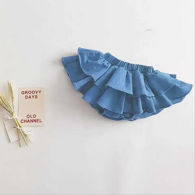 Color: Blue, Kid Size: 4T - Double Layers Ruffles Lace Baby Skirt Pants Summer Cotton Linen Kids Pettiskirt Toddler Dancing Wedding Clothing Tutu Skirt