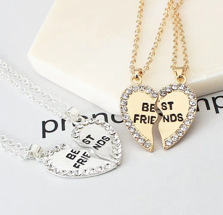 Metal Color: Gold-color - 2 Pcs/set Love English Pendant Alloy Ornaments Fashion Best Friends Heart Necklace Good Friends Choker Statement Necklace