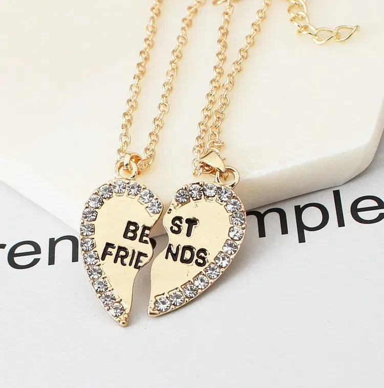 Metal Color: Gold-color - 2 Pcs/set Love English Pendant Alloy Ornaments Fashion Best Friends Heart Necklace Good Friends Choker Statement Necklace