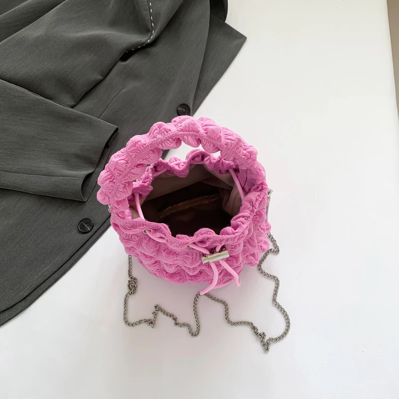 Color: Hot Pink - Pearl puff fashion pop bucket bag pleated lines dopamine color youth smell girlishness sweet casual