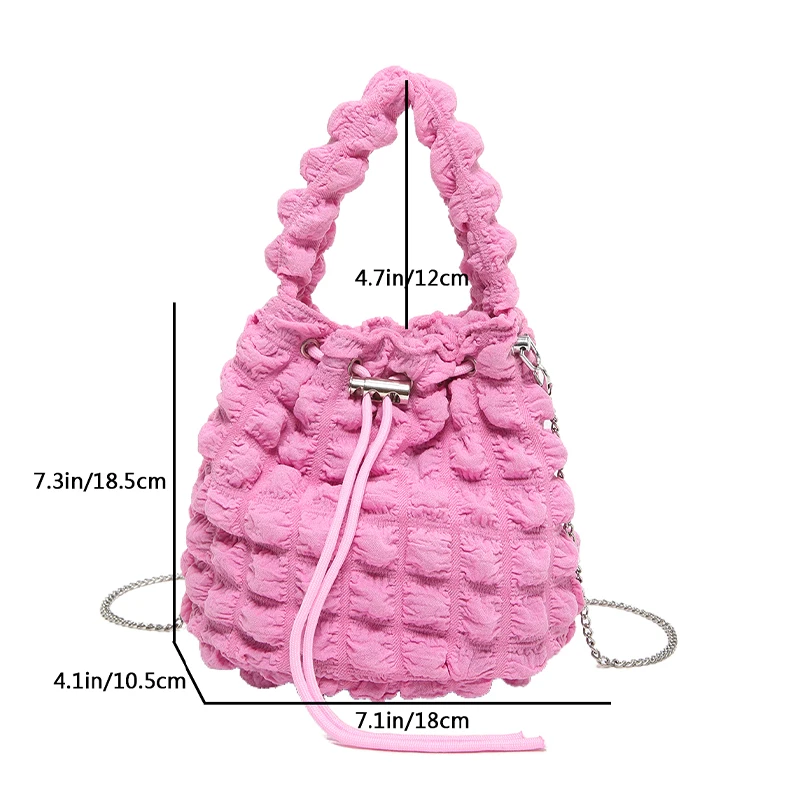 Color: Hot Pink - Pearl puff fashion pop bucket bag pleated lines dopamine color youth smell girlishness sweet casual
