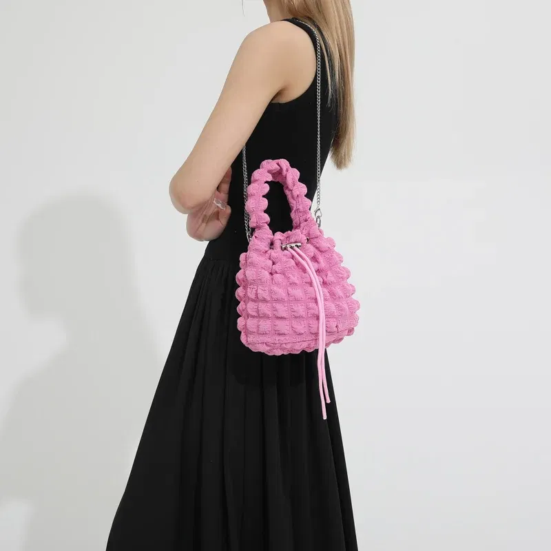 Color: Hot Pink - Pearl puff fashion pop bucket bag pleated lines dopamine color youth smell girlishness sweet casual