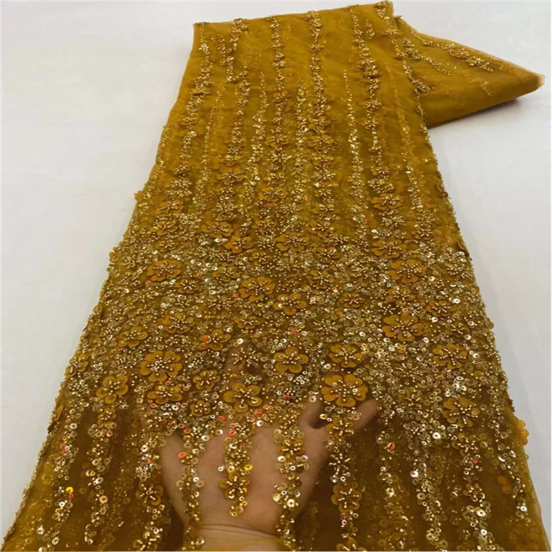 Color: pink, Length: 5 yards, Width: 120cm - White African Beads Groom Tulle lace Fabric 2025 High Quality Sequins Embroidery French Tulle Laces For Nigeiran Party Dress