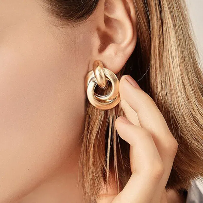 Metal Color: Red Wine - Gold Color Metal Drop Earrings Irregular Hollow Heart Pendants Earrings Twisted Geometric Personality Earrings for Women