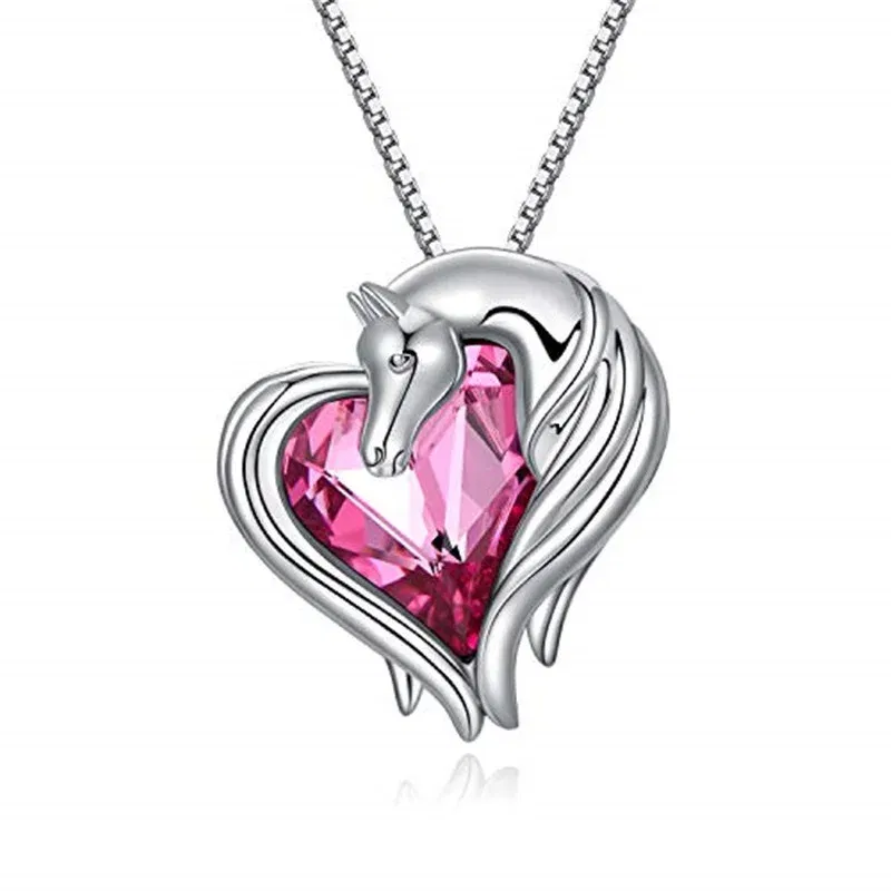 Metal Color: Silver Plated, Ships From: CHINA - 2 style Silver Horse in Heart Pendant Necklace Animal  Jewelry Gift for Teen Girls  Lovers Embellished with Crystals