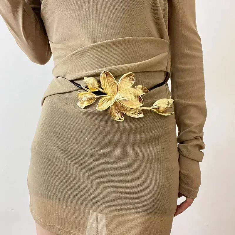 Color: Gold - Women Luxury Fashion Design Metal Tulip Flower Waistband Chain Skirt Pants Dress Jeans Coat Shirt Clothes Decoration Black Belt