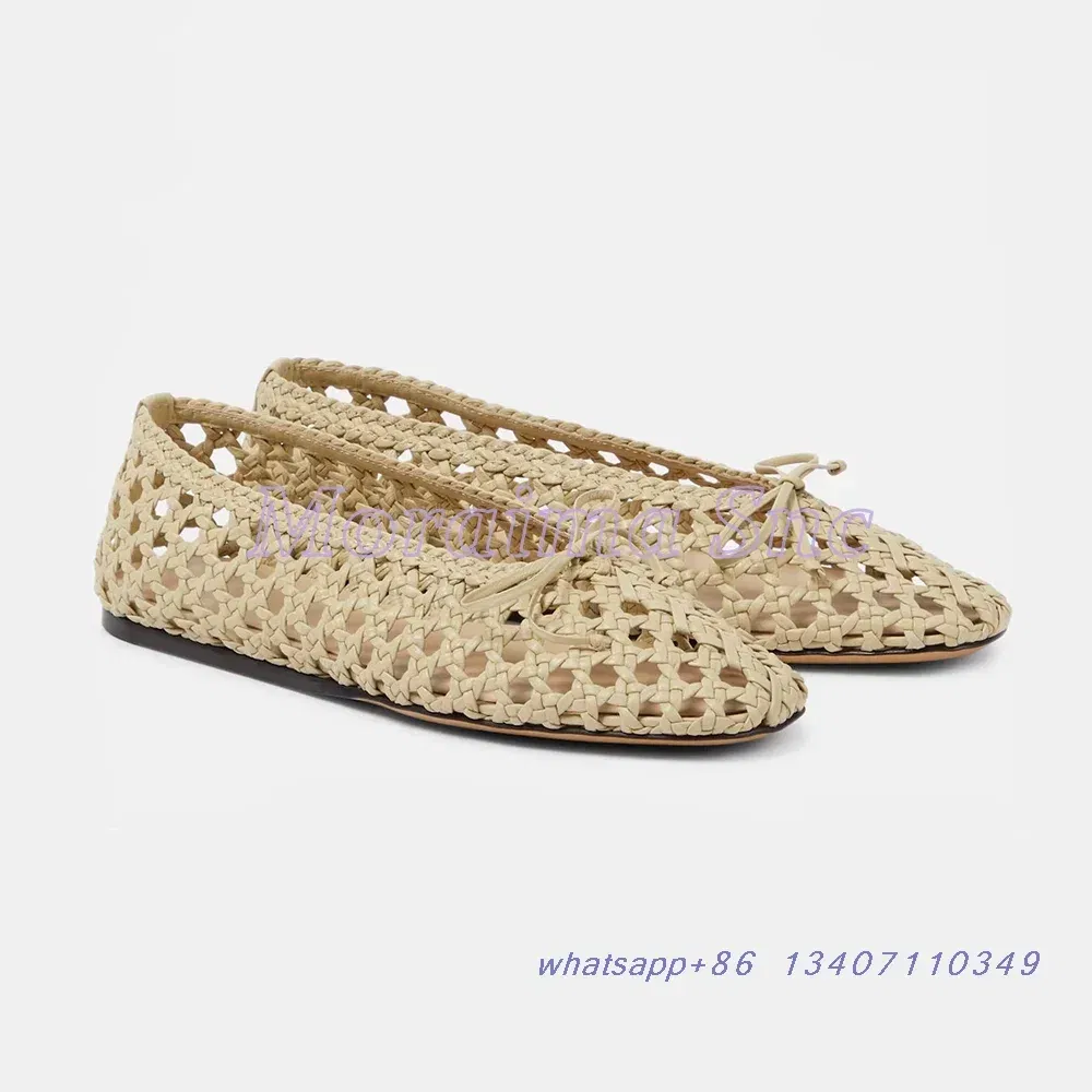 Color: Beige, Shoe Size: 37 - Hollow Woven Leather Ballet Shoes Flat With Round Toe Ankle Buckle Strap Fashion Shallow Women Shoes Mary Janes Summer New 2025