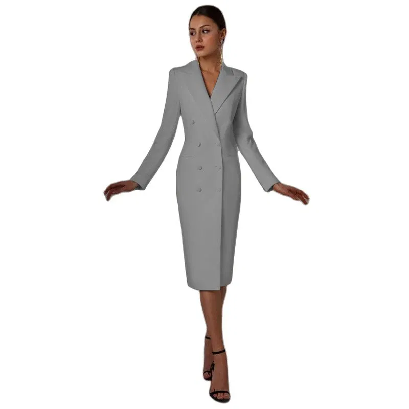 Color: GRAY, Size: S - Women's Suit Long Blazer Double Breasted Jacket White Tuxedo Party Point Lapel Clothes спор?‚ивн?‹й кос?‚юм ?¶?µнск