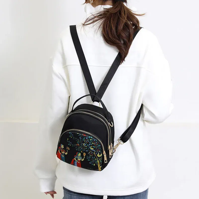 Color: Dark Khaki, Size: 16 inches - Fashion Printing Backpack Women Large Capacity Nylon Rucksack Multilayer Crossbody Bag School Bags Waterproof Travel Knapsack
