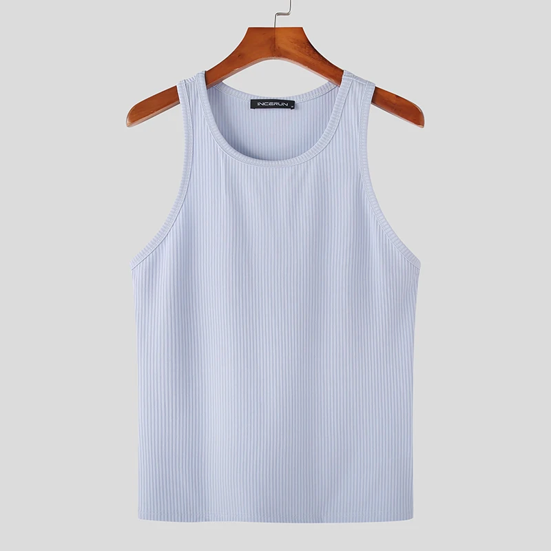 Color: Blue, Size: S - INCERUN Men Tank Tops Solid Color O-neck Sleeveless Streetwear Summer Casual Vests Skinny 2023 Fashion Leisure Men Clothing 5XL