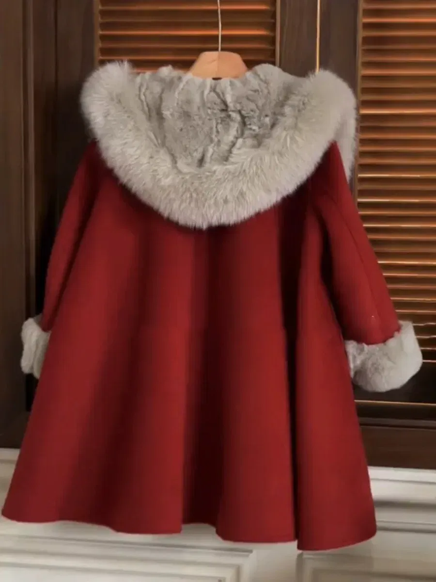 Color: Red, Kid Size: 7 - autumn winter red Big fur collar baby girls wool long coats child Christmas Thick velvet outwear kids New Warm jacket overcoat