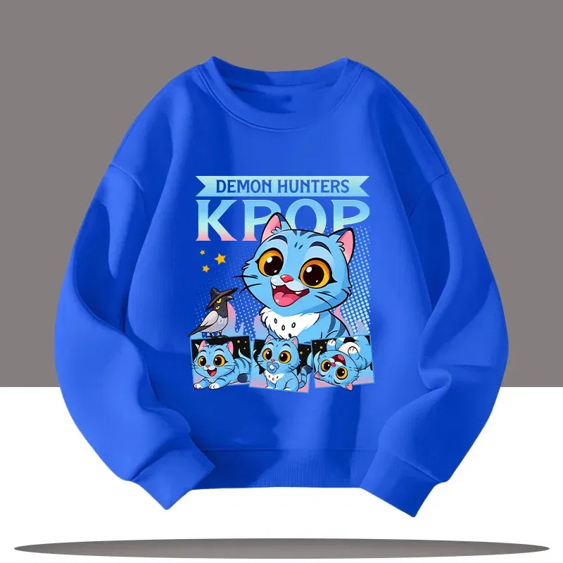 Color: SKY BLUE, Kid Size: 8 - Children's Clothing K-pop Demon Hunters Cartoon Print 3-12 Year Old New Style Kids Round-neck Sport Shirt Cute Girl Casual Top