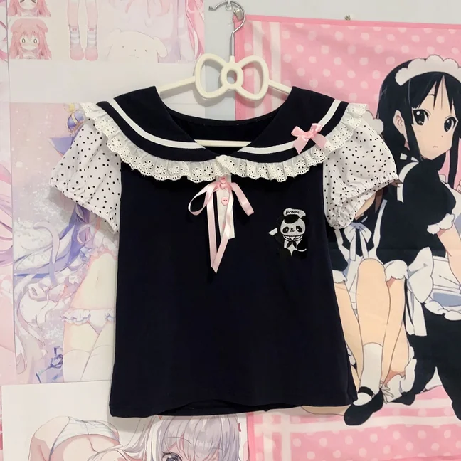 Color: black, Size: M, Ships From: CHINA - Women clothing arcane Y2k Lace T-shirt Kawaii Panda Embroidery Graphic T Shirts Harajuku Fashion Casual Sweetheart Tops Cute Tee