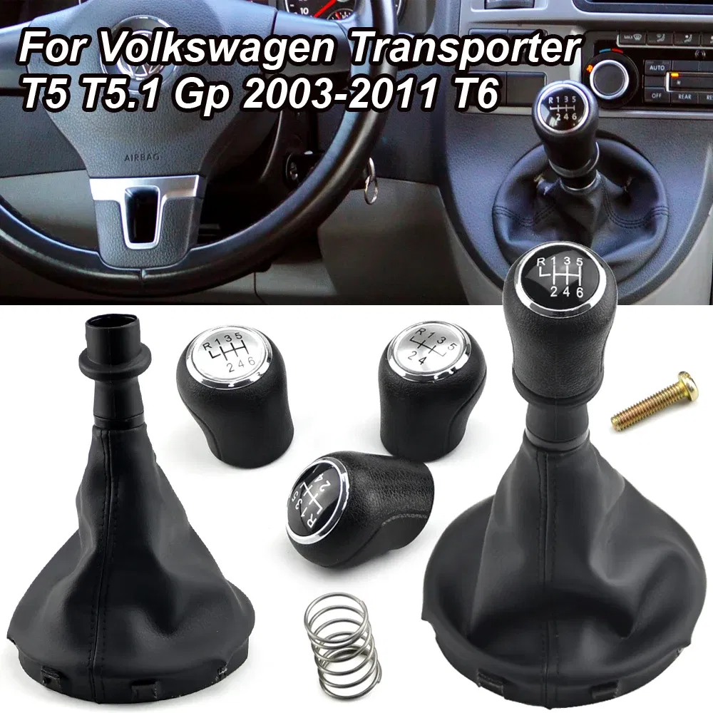 Color Name: Black - For VW Transporter Multivan Caravelle T5 2003 2004 2005 2006 2007 2008 2009 2010 Car 6 Speed Gear Stick Shift Knob Leather Boot