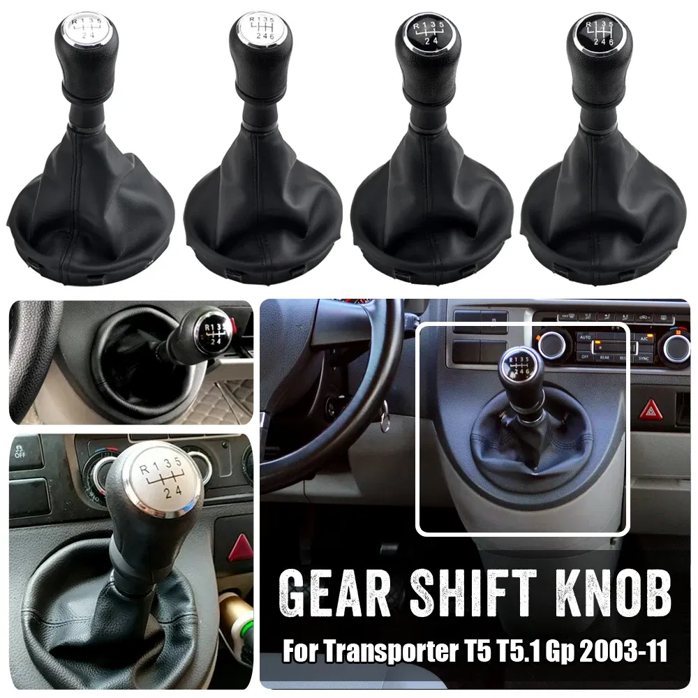 Color Name: Black - For VW Transporter Multivan Caravelle T5 2003 2004 2005 2006 2007 2008 2009 2010 Car 6 Speed Gear Stick Shift Knob Leather Boot