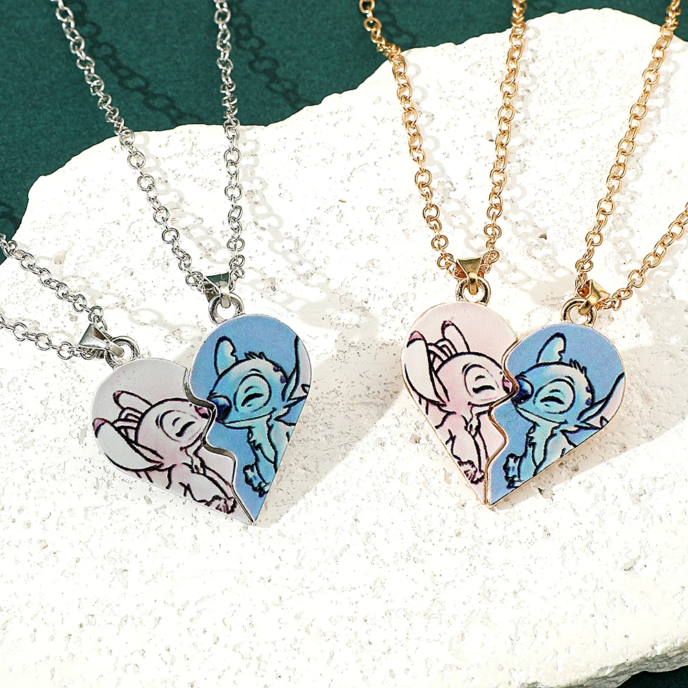 Metal Color: Platinum Plated - Disney-Stitch Heart Necklace for Couple, Gold and Silver Color, Angel and Stitch, Cute Style , Jewelry Pendant, Gift for Girl, 1